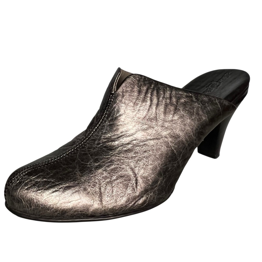 Born Crown Pinto Leather Mules Clogs 9 Metallic Silver Pewter Slip On 3.5" Heels
